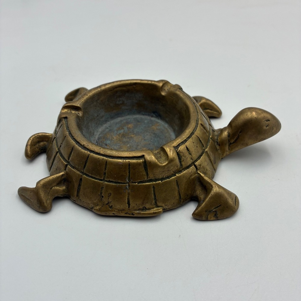 Vintage Solid Brass Turtle Ashtray Figural Tortoise Trinket Dish Gold Decor